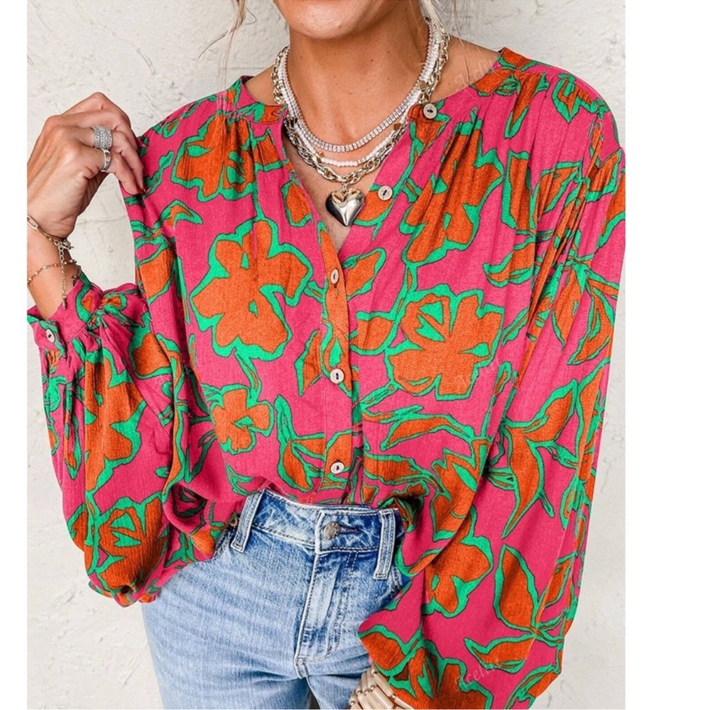 Boho Floral Print Vibrant Button Down Oversized Long Sleeve Top XS S M L XL XXL - Picture 2 of 3